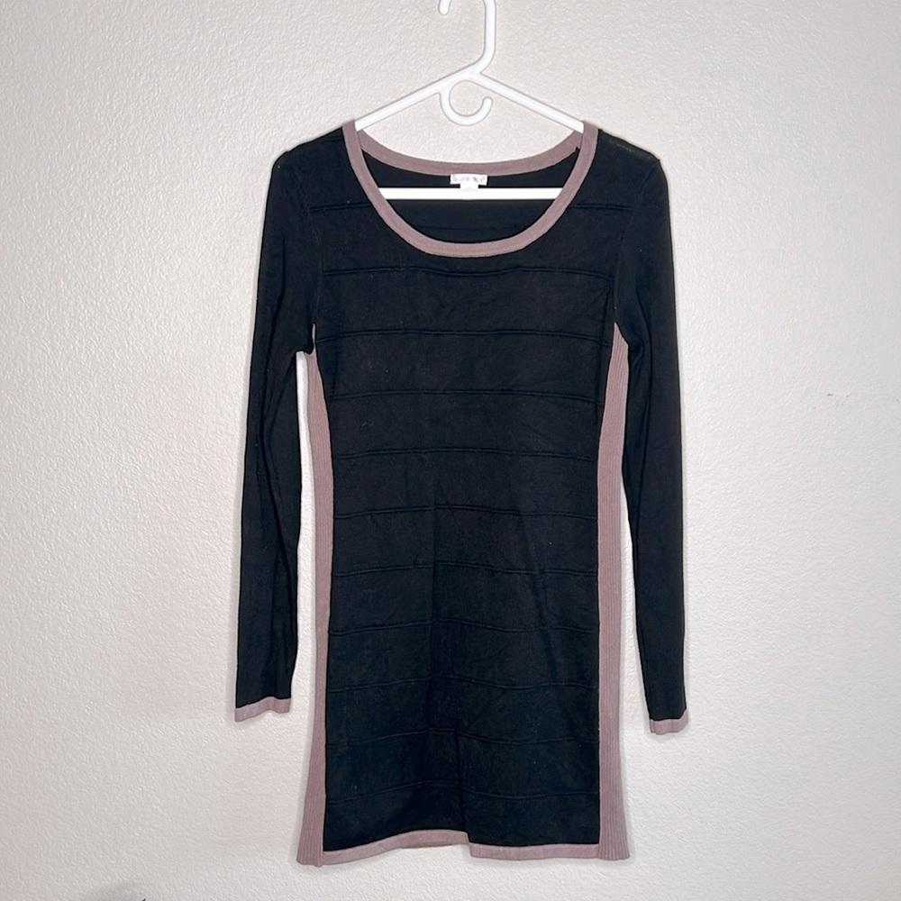 Xhilaration Womens Black Pink Contrast Knit Long Sleeve Sweater Mini Dress L